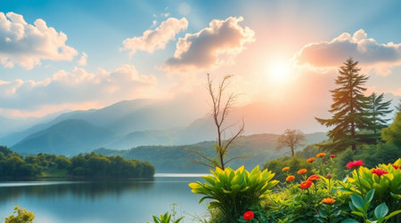 Beautiful sunset over the lake in the mountains. Landscape with mountains, forest and lake.の写真素材