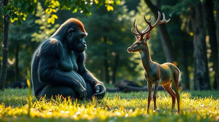 gorilla and fawn in the forest, animal in the nature