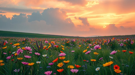 Sunset over a meadow full of colorful flowers in springtimeの写真素材