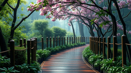 Wooden path in the park with pink sakura blossoms.の写真素材
