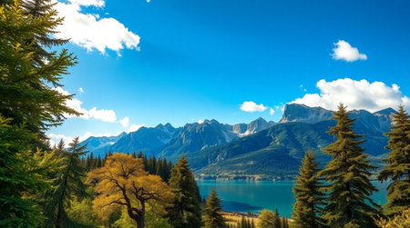 panoramic view of alpine lake in a beautiful autumn dayの写真素材