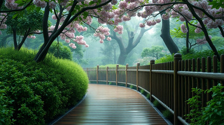 Sakura flowers blooming in the garden at spring time with wooden bridgeの写真素材