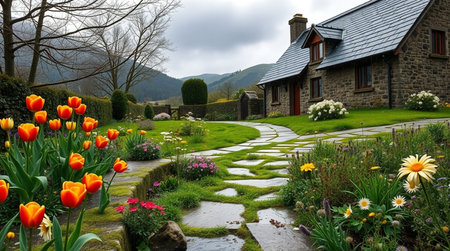 Beautiful spring garden with blooming tulips and a stone houseの写真素材