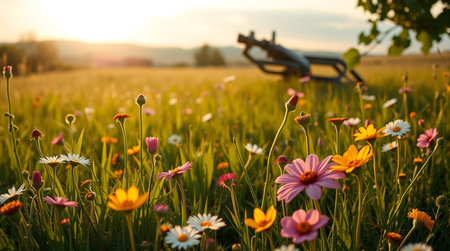 Wildflowers in the field at sunset. Beautiful nature landscape.の写真素材