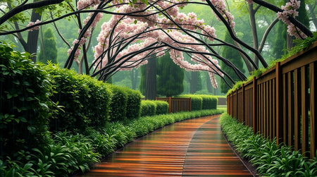 Beautiful spring garden with blooming sakura trees and wooden pathwayの写真素材