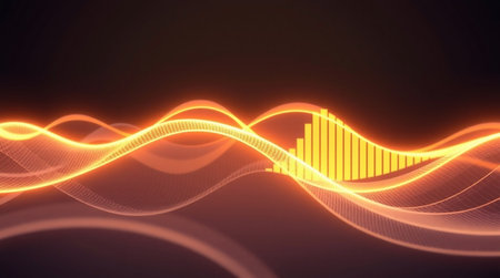 3d illustration of abstract digital equalizer with glowing particles in empty spaceの写真素材