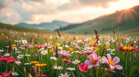 Colorful flowers in a meadow in the mountains at sunset.の写真素材