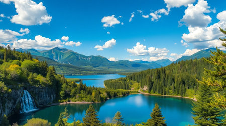 Panoramic view of turquoise lake in the mountains.の写真素材