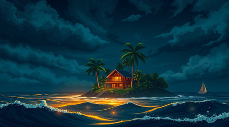 Illustration of a tropical island with a bungalow at nightの写真素材