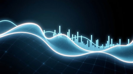 abstract 3d illustration of sound wave on dark background with glowing linesの写真素材