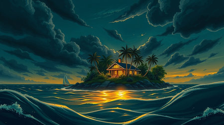 tropical island in the ocean with palm trees and a house at sunsetの写真素材