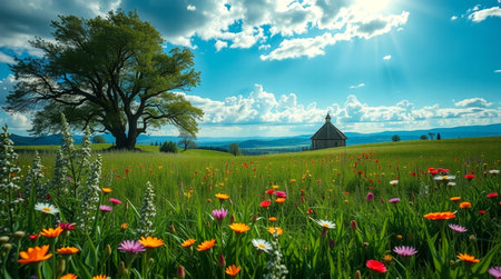 Beautiful spring landscape with a church in the middle of the meadowの写真素材