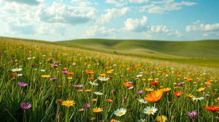 Beautiful meadow with colorful flowers in Tuscany, Italyの写真素材