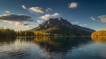 Panoramic view of lake in the mountains. Autumn landscape.の写真素材