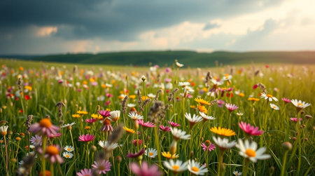Meadow with wildflowers and cloudy sky. Nature background