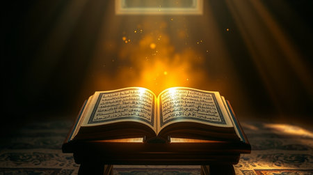 Open holy book of Muslims (Koran) in the dark with light from aboveの写真素材