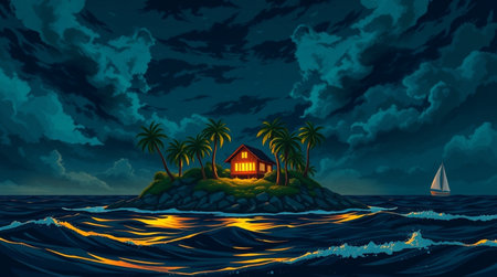 Illustration of a small island in the sea with palm trees at nightの写真素材