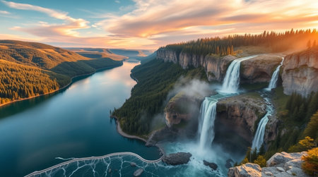 Aerial view of a beautiful waterfall in the Canadian Rockies at sunsetの写真素材