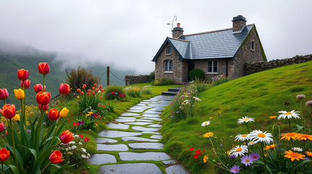 Beautiful spring landscape with blooming flowers and old stone house in the mountainsの写真素材