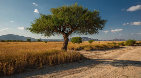 Namibian savannah landscape with acacia tree and dirt roadの写真素材