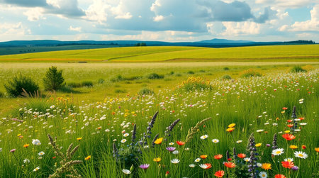 Beautiful spring landscape with colorful wildflowers in the meadowの写真素材