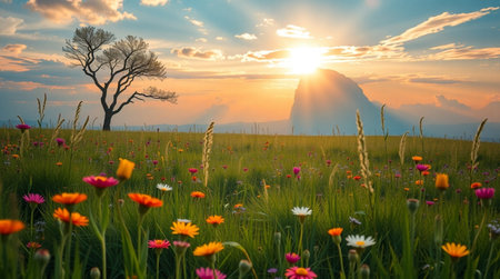 Sunset over the meadow with wildflowers and lonely treeの写真素材
