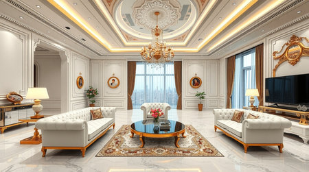 3D rendering of the living room in a classic style with luxurious furniture