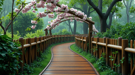 Wooden walkway in the park with cherry blossom trees.の写真素材