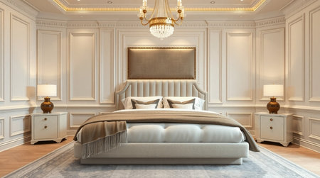 3d rendering luxury bedroom suite in classic style with gold pattern wall