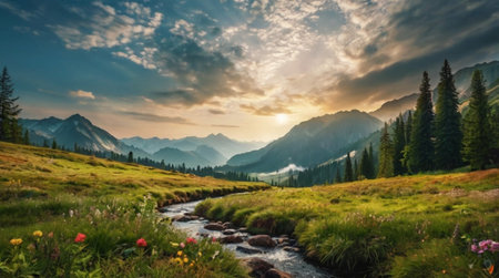 Mountain landscape with river and forest at sunset. Beautiful panoramic viewの写真素材