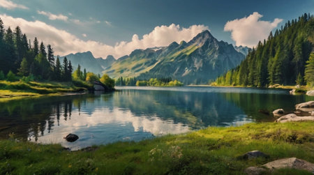 panoramic view of the lake in the mountains at sunset.