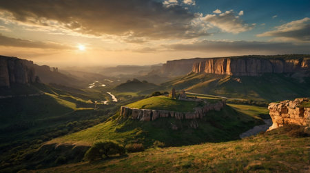 Panoramic view of the cliffs and the valley at sunset.の写真素材