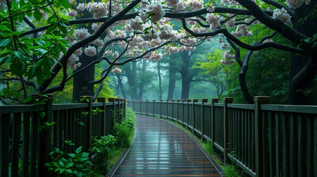 Cherry blossoms along the wooden walkway in the park.の写真素材