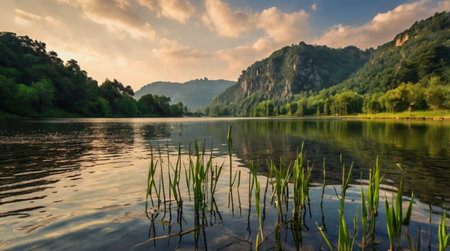 Sunset on the lake in the mountains. Ukraine, Europe.の写真素材