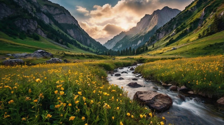 Mountain landscape with a river and wildflowers at sunset.の写真素材