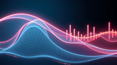 abstract wave background with glowing lines and dots, 3d render illustrationの写真素材