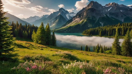 panoramic view of lake in the mountains. beautiful summer landscape.の写真素材