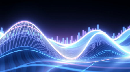 abstract 3d illustration of blue sound wave with glowing particles on black backgroundの写真素材