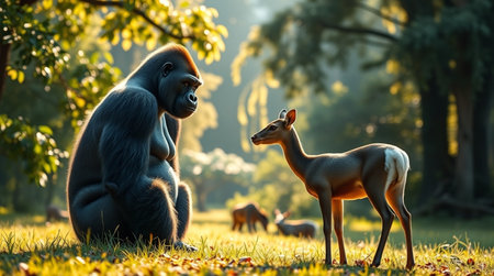 Gorilla and a little deer in the forest. Sunset light.
