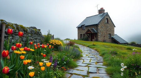 Beautiful spring garden with blooming tulips and old stone house