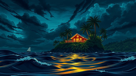 Illustration of a tropical island with palm trees and a house at nightの写真素材