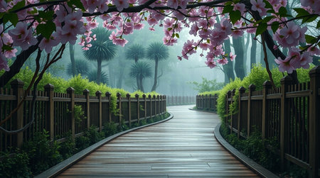 Wooden boardwalk with cherry blossom in the garden at morningの写真素材