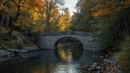 Autumn landscape with a stone bridge over the river in the forest