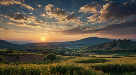 Sunset over the meadow in the mountains. Beautiful summer landscape.の写真素材