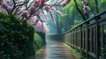 Cherry blossoms and wooden walkway in spring,3d render
