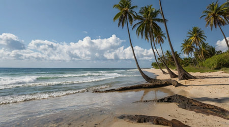 Panoramic view of a tropical beach with palm trees and sandの写真素材