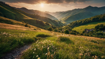 Beautiful summer sunset in the mountains. Carpathians, Ukraine, Europe.の写真素材