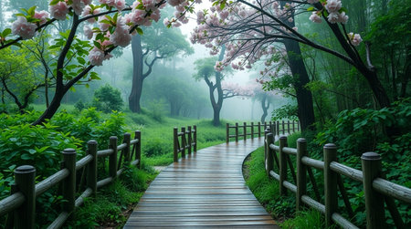 Wooden walkway in the misty forest with pink flowers.の写真素材
