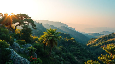 Beautiful landscape of the mountains and the forest in the morning lightの写真素材