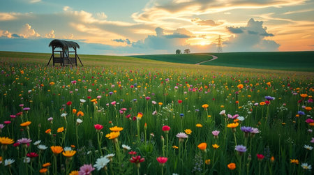 Beautiful summer landscape with meadow and wildflowers at sunsetの写真素材